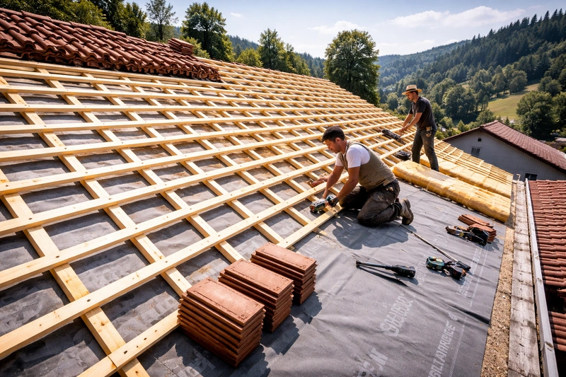 Zwei Dachdecker bei der Neueindeckung mit Tonziegeln