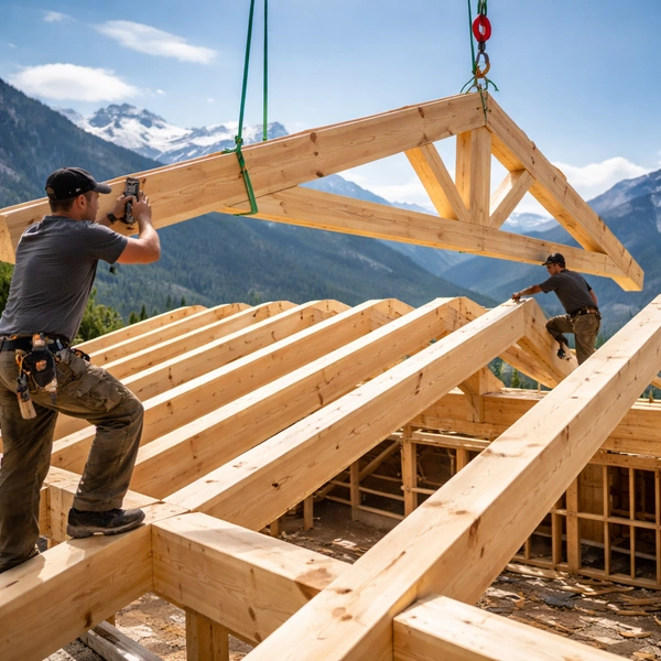 Zimmerleute richten Dachstuhl auf einer Baustelle auf